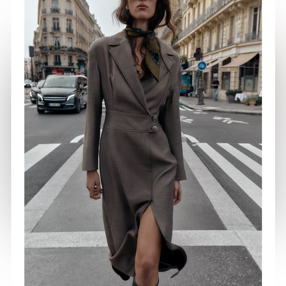 Zara NWT gray midi wrap fitted blazer dress with side split hem